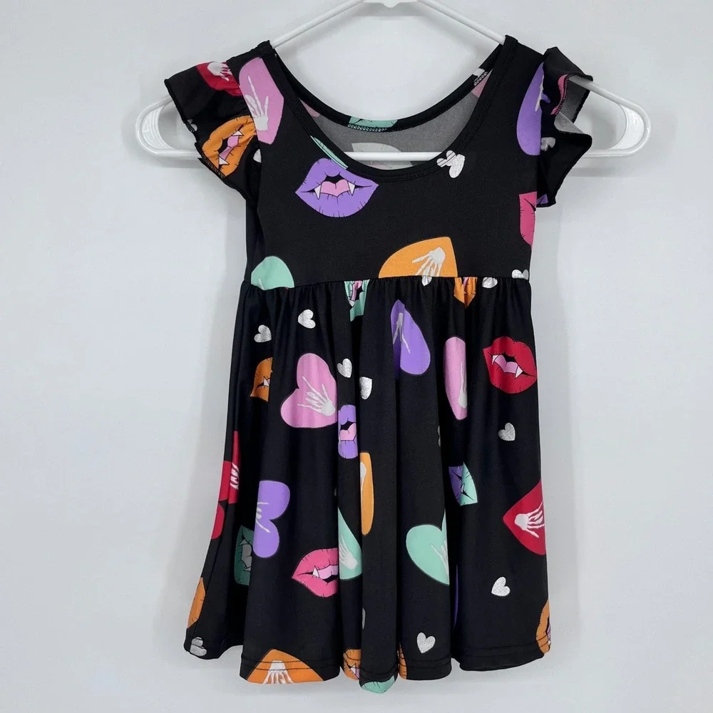 Dot Dot Smile‎ Dress Kids 2T Black Vampire Lips Hearts Flutter Sleeve Foil Print