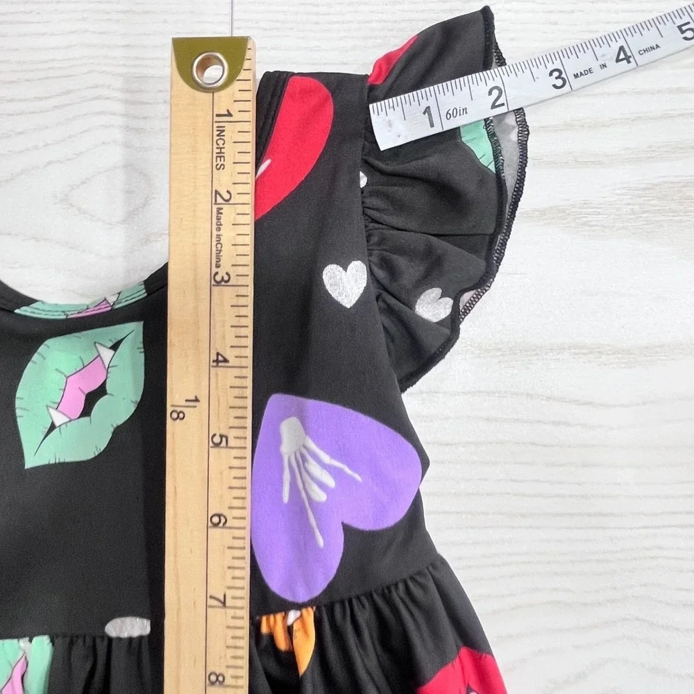 Dot Dot Smile‎ Dress Kids 2T Black Vampire Lips Hearts Flutter Sleeve Foil Print