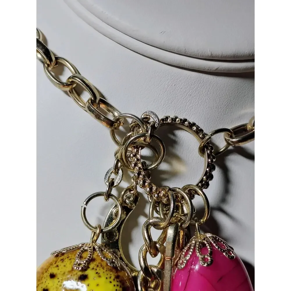 VCLM Gold Tone Charm Necklace Elephant Clover Horseshoe Boho Statement