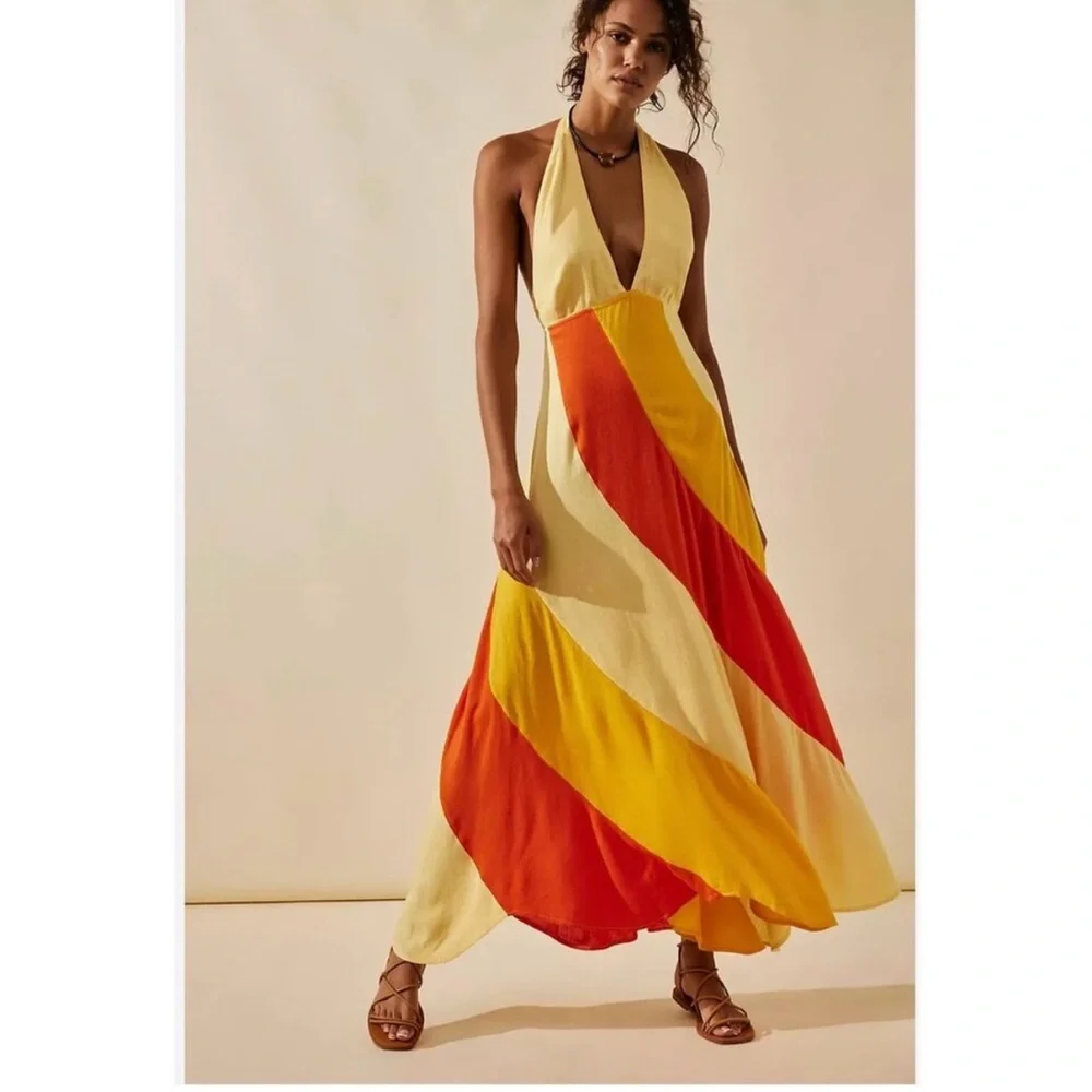 Free People Yellow Cream Maxi Dress with Orange Stripe