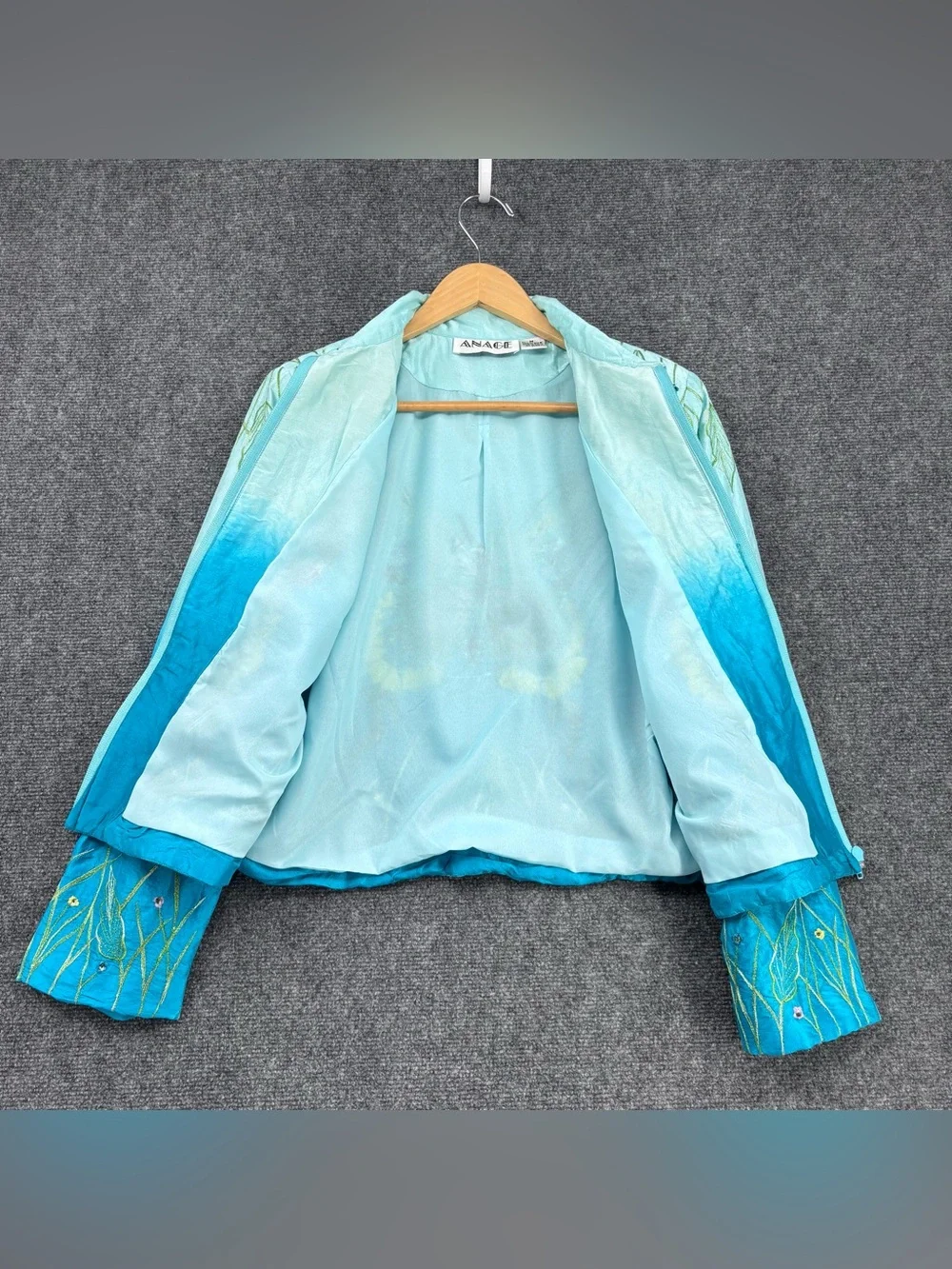 Anage 100% Silk Artsy Turquoise Ombré Beaded Embroidered Butterfly Jacket Size M