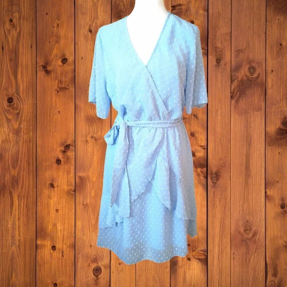 ECOWISH Faux Wrap Swiss Dot Dress With Tie Blue Size Medium Ruffle Tiered
