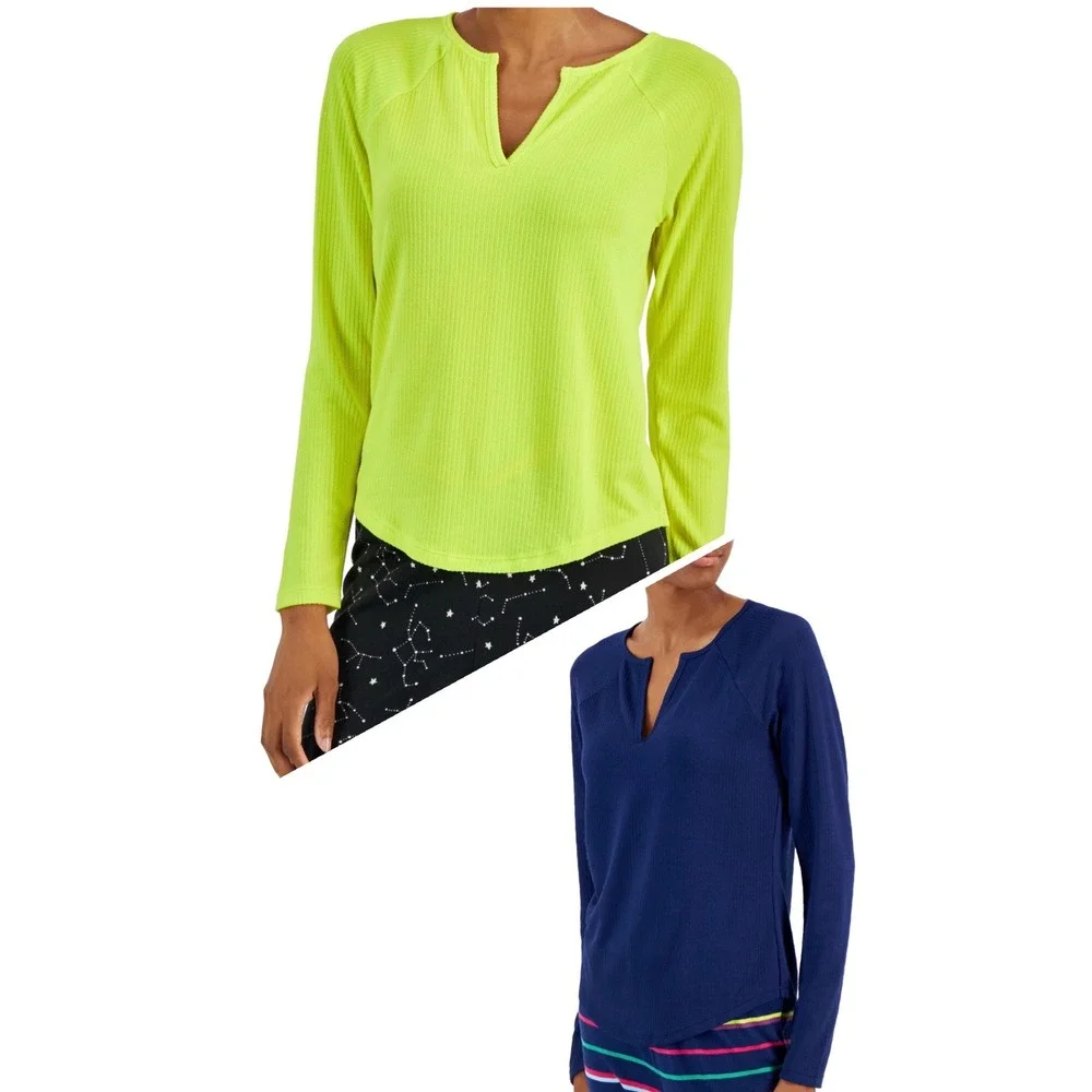 Jenni Women's Split-Neck Pajama Top Bundle of 2 - Navy‎ - Yellow - Size XS