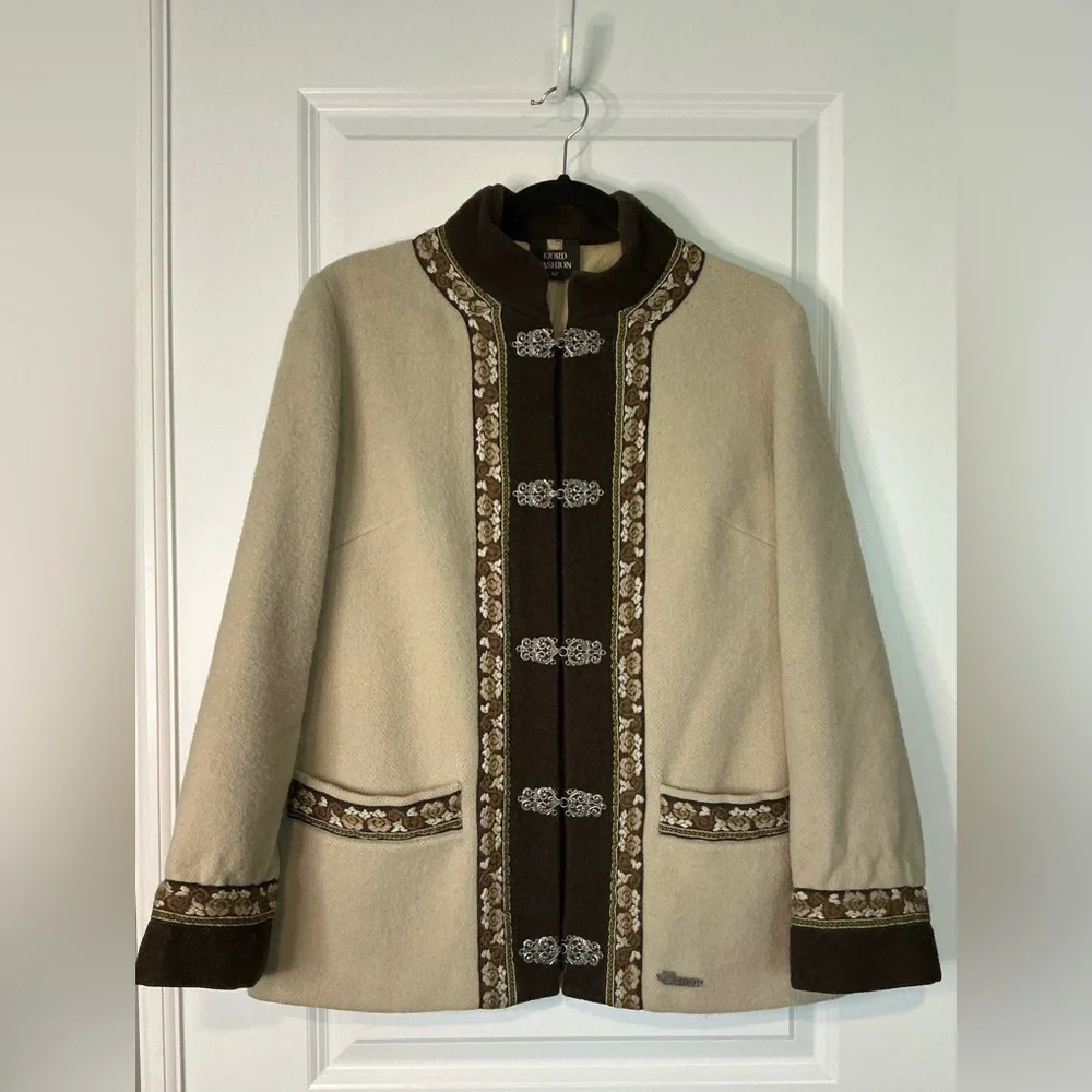 Vintage Fjord Fashion Women’s Wool Jacket Cream Brown Size 42