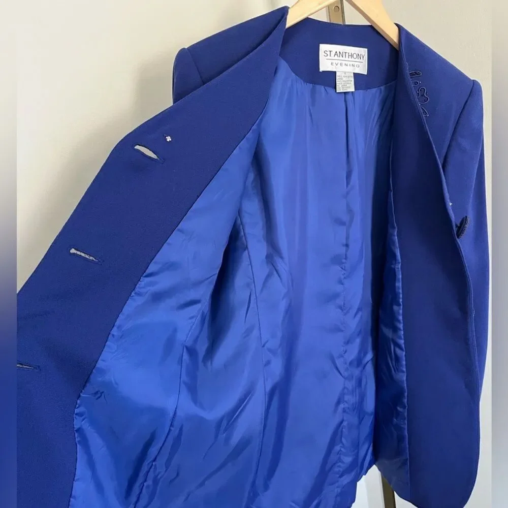 Vintage St Anthony Evening Blue Embroidered Blazer Jacket Wool Size 8
