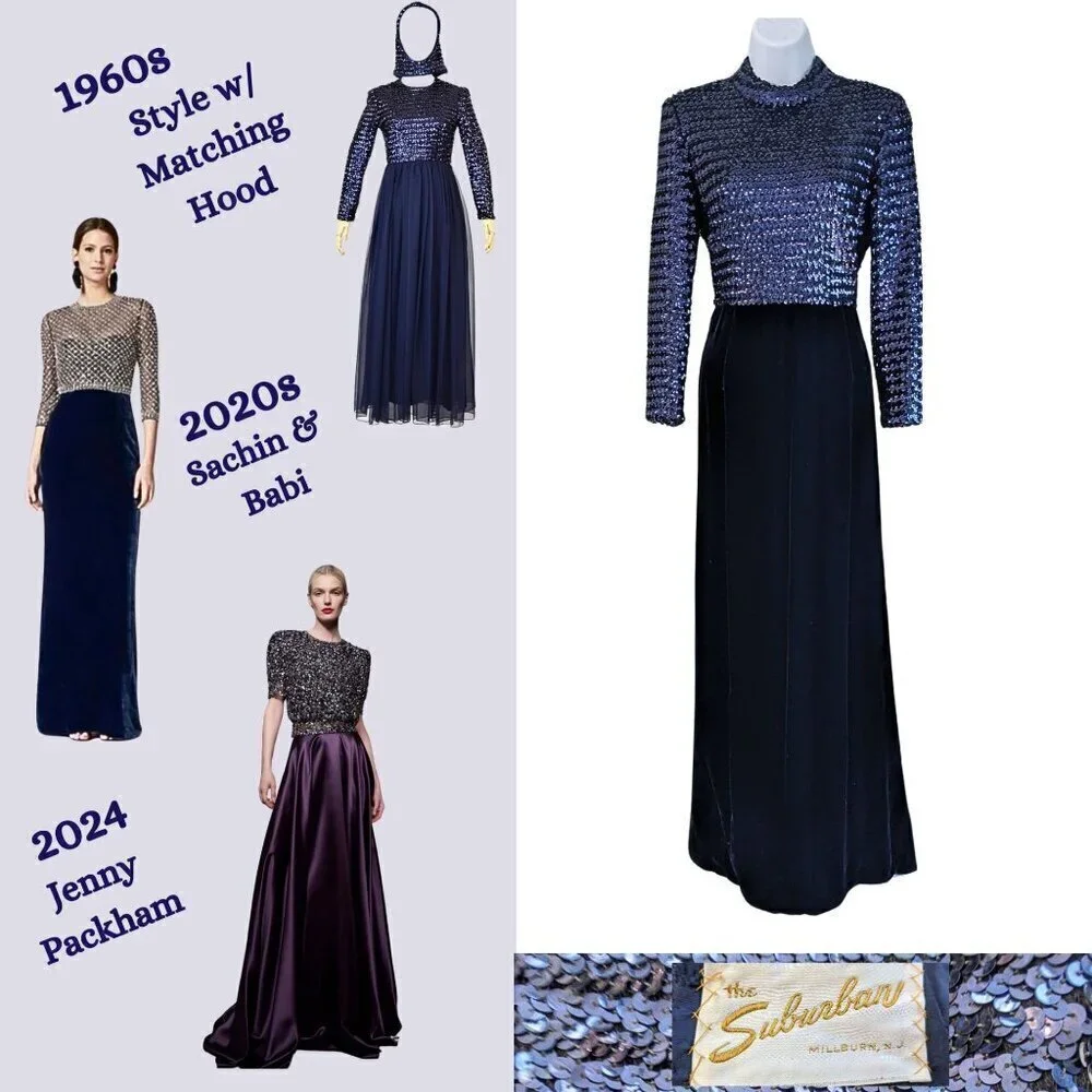 Vintage 60s Country Miss THE SUBURBAN Blue Sequin Velvet Blocked Evening Dress S