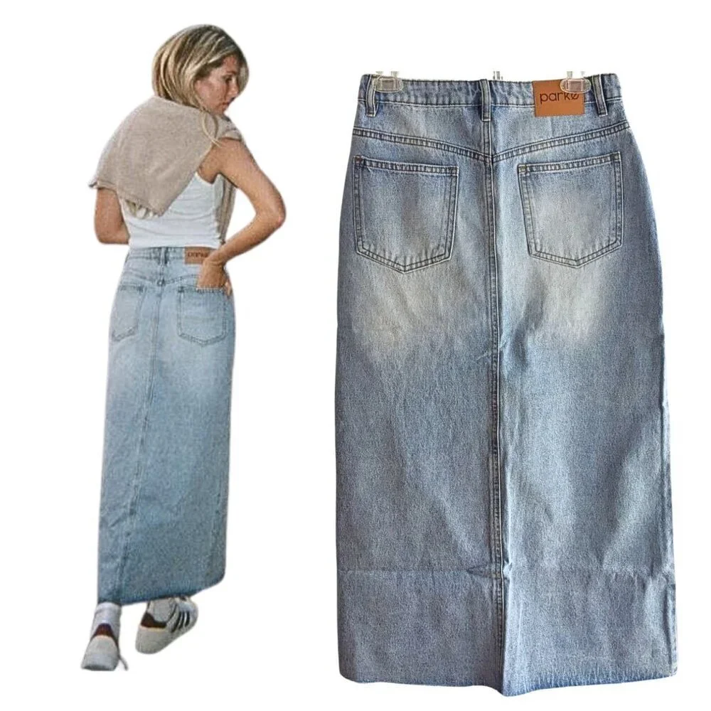 NWT PARKE Button Down Medium-Light Wash Midi Maxi Denim Skirt Size L