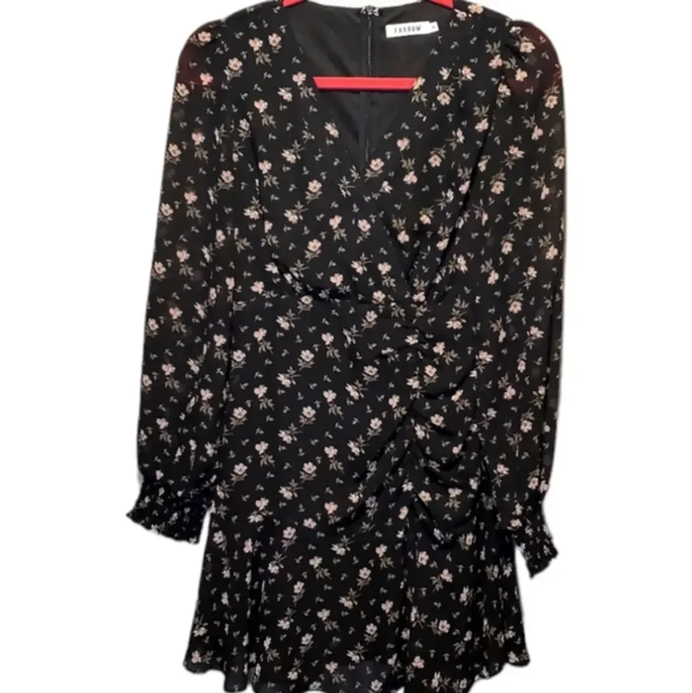 Farrow‎ Black Lined Floral Cocktail Ruching Mini Dress Small NWOT