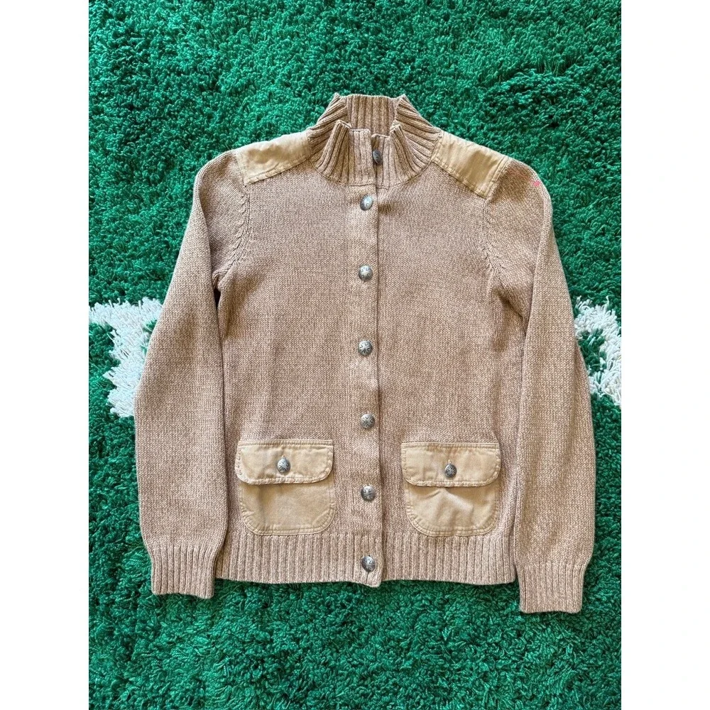 Tan Knit‎ Button Front Cardigan Sweater Canvas Shoulder Patches Metal Buttons