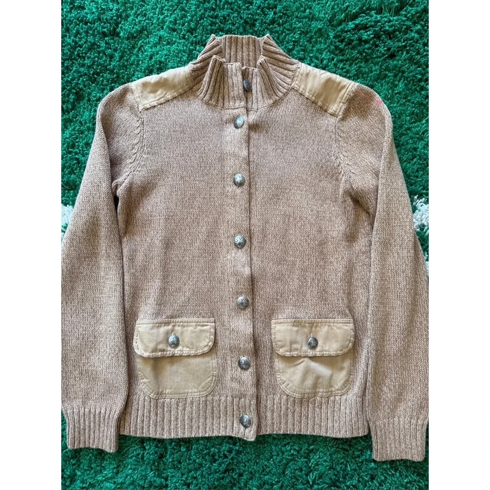 Tan Knit‎ Button Front Cardigan Sweater Canvas Shoulder Patches Metal Buttons