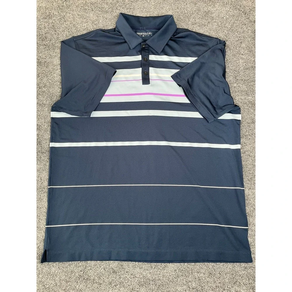Nike Golf‎ Polo Shirt Men XL Blue  White Stripped Dri-Fit Polo Shirt Short Sleve