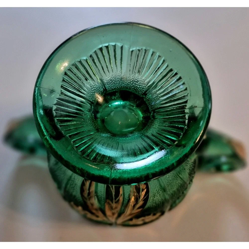 Vintage Emerald   Depression Glass Bowl Gold Trim Floral Double‎ Handle Footed