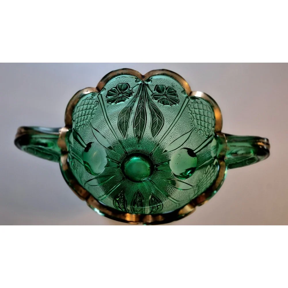Vintage Emerald   Depression Glass Bowl Gold Trim Floral Double‎ Handle Footed