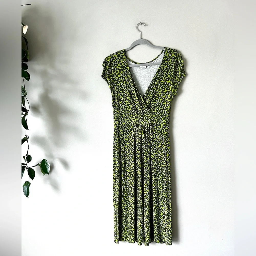 Boden Lime Green Black Leopard Print Midi Dress