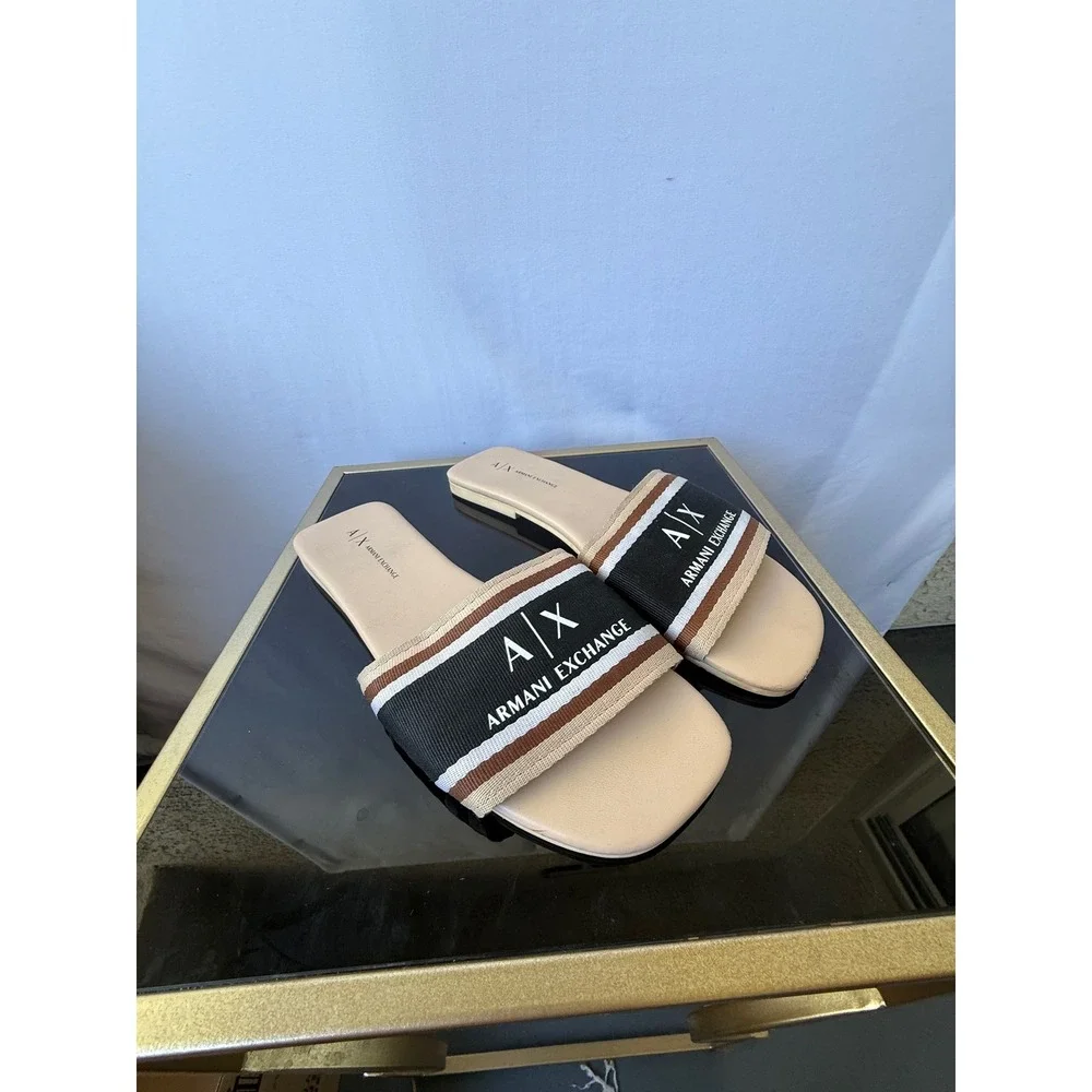 Armani Exchange Womens Logo Stripe Slide Sandals Beige Black Tan XDP045 US 8M‎