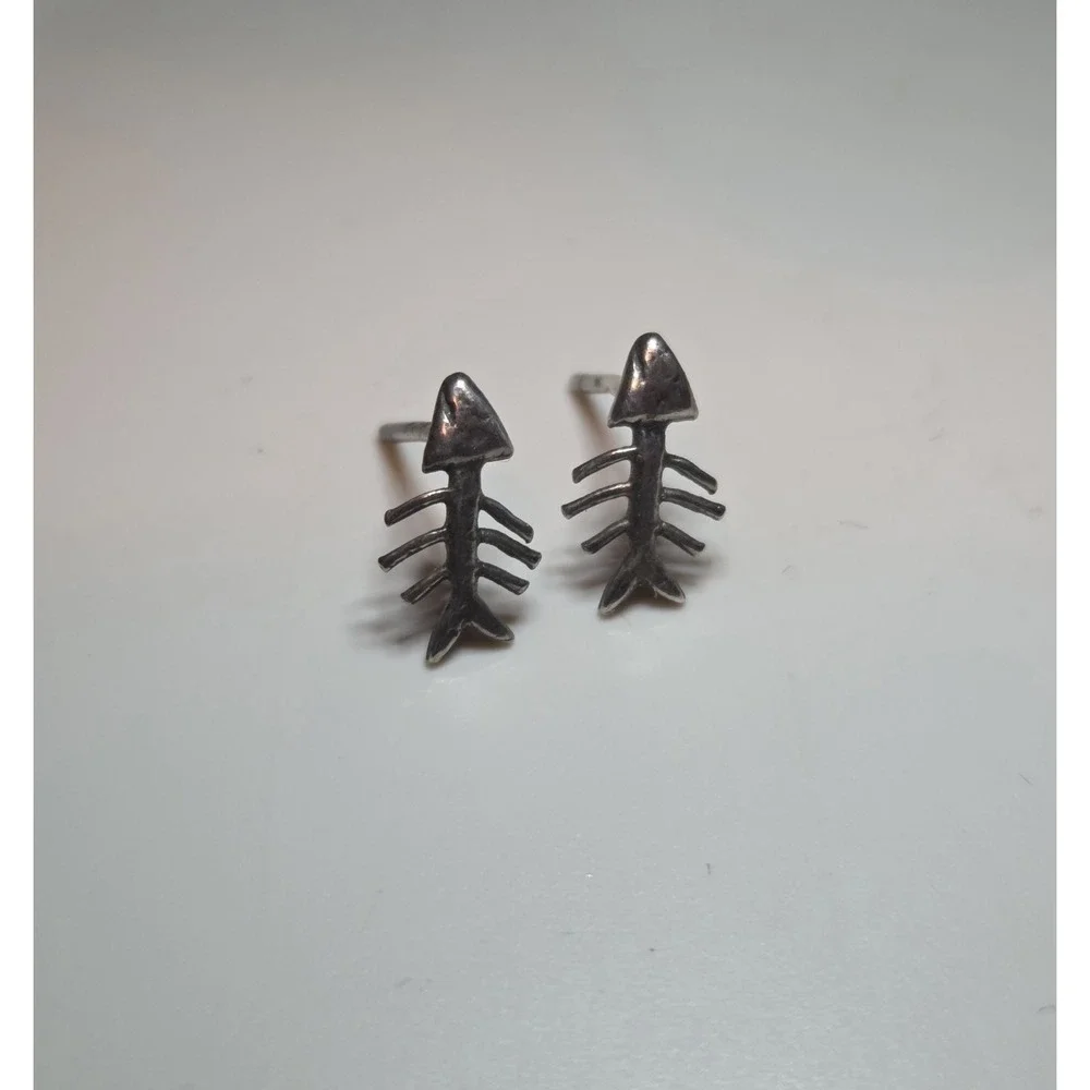 Unique‎ Sterling Silver Fish Bone Stud Earrings Fishing 925