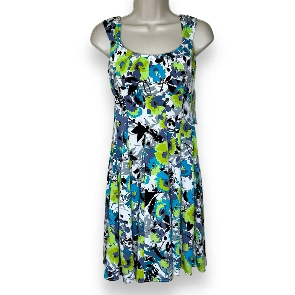 NWT Maggy L Petite White Green Abstract Floral Print Sleeveless Dress Women 4P