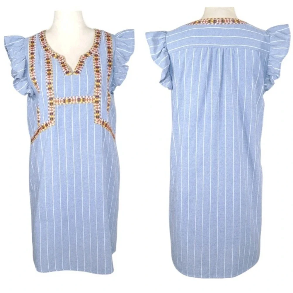 Entro Dress Size Medium Pullover Blue Stripe Embroidered Ruffle Sleeve‎ Lined