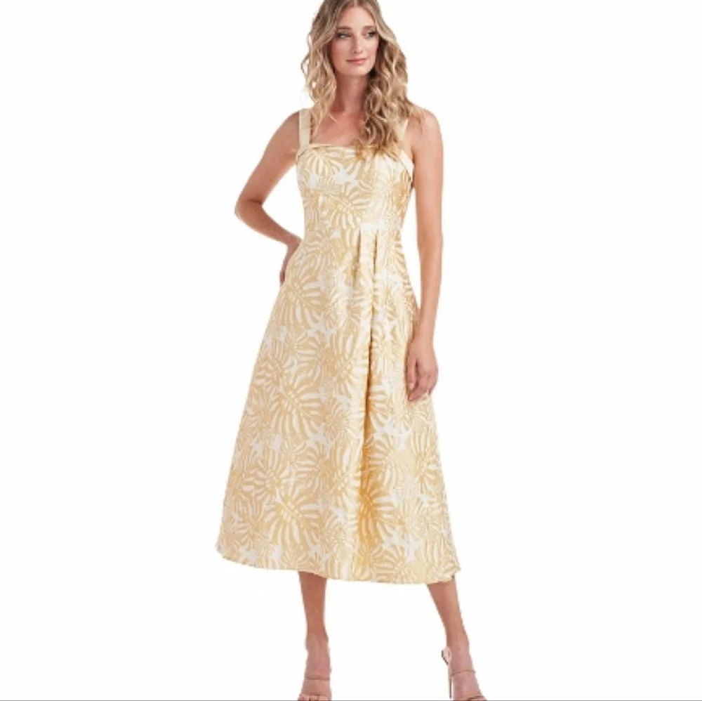 Kay Unger Liv Palm Leaf Jacquard Tea Length Cocktail Dress Size 6
