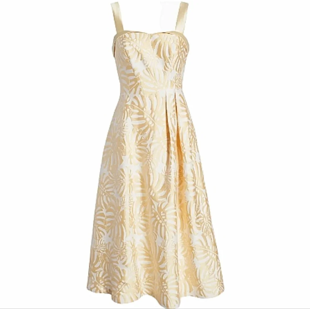 Kay Unger Liv Palm Leaf Jacquard Tea Length Cocktail Dress Size 6