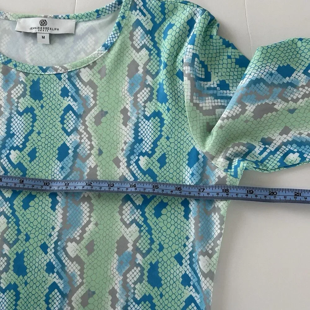Jean-Pierre Klifa Daphne Dress Size M Aqua Snake 3/4 Sleeve Shift Knee Length