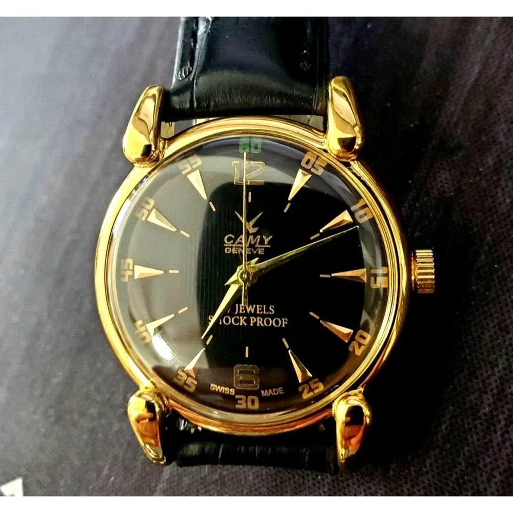 RARE Camy‎ Geneve  Mechanical Swiss Watch Restored Serviced GLD-BLK-BLK