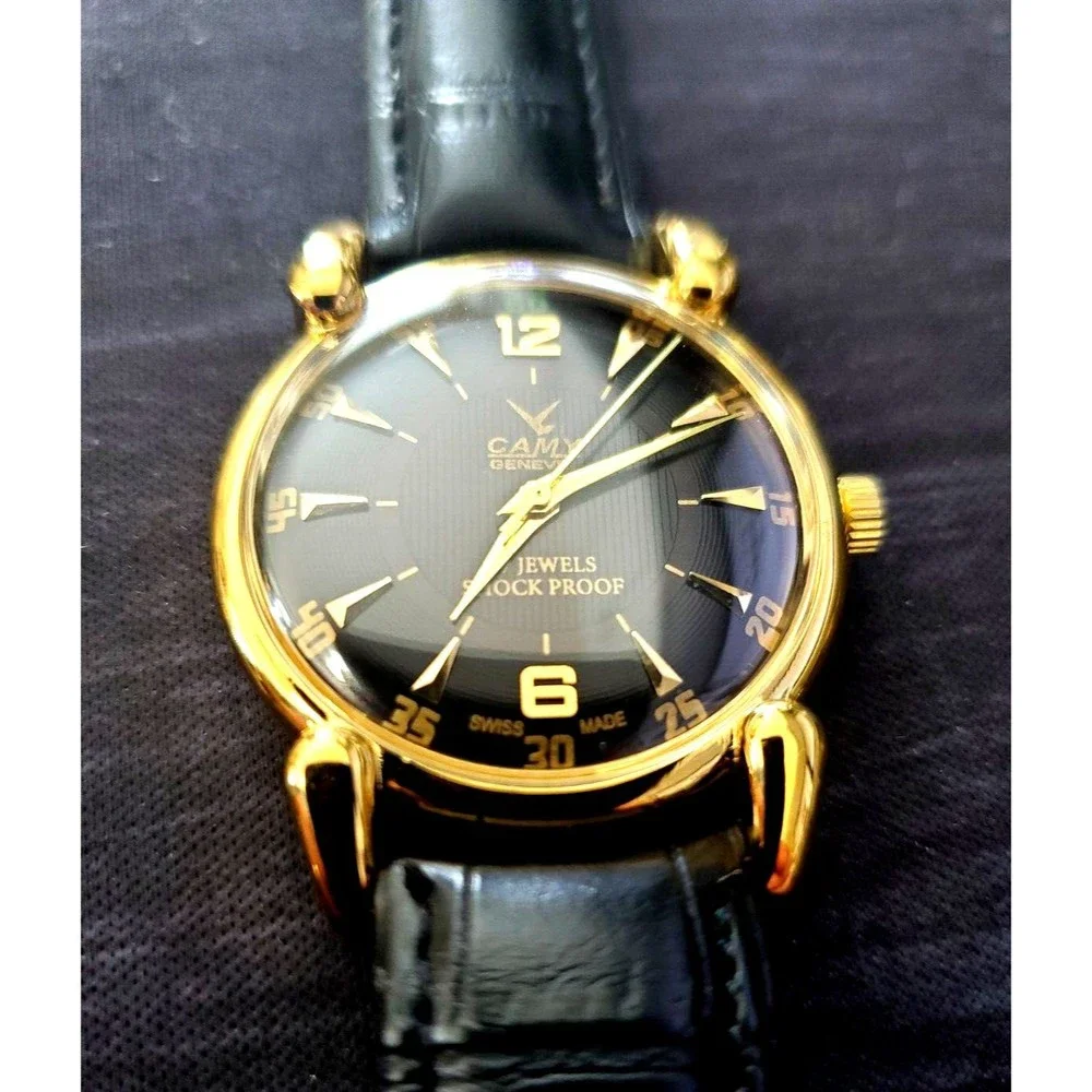 RARE Camy‎ Geneve  Mechanical Swiss Watch Restored Serviced GLD-BLK-BLK