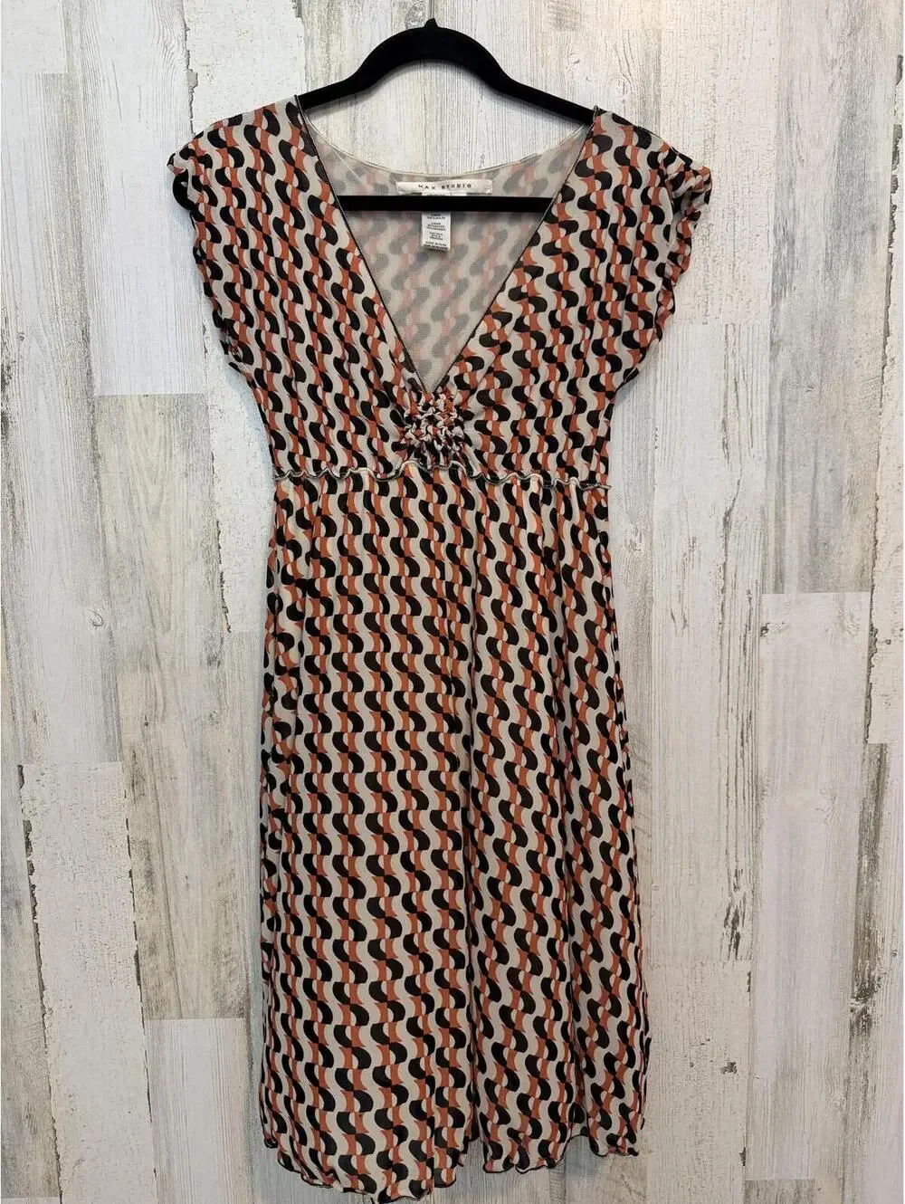 Max Studio Women's XS Dress Midi V-Neck Retro Print Empire Waist Orange Black
