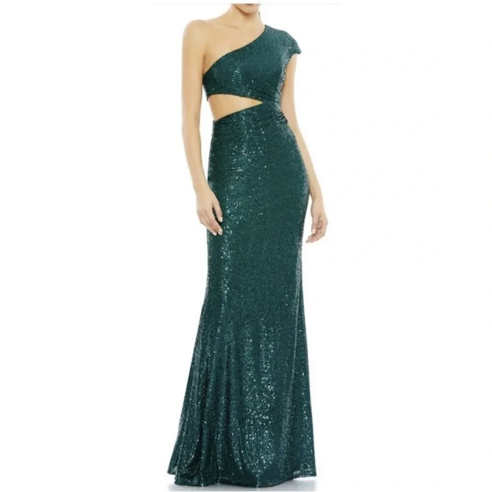 Ieena Mac Duggal 42022 Green Sequined One Shoulder Cut Out Evening Gown Maxi‎ 2