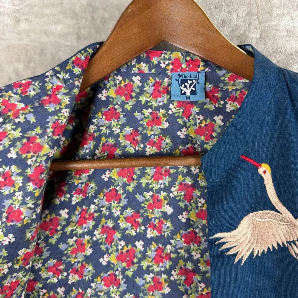 Vintage Blue Embroidered Crane Longline Vest Floral Lined Boho Asian Art