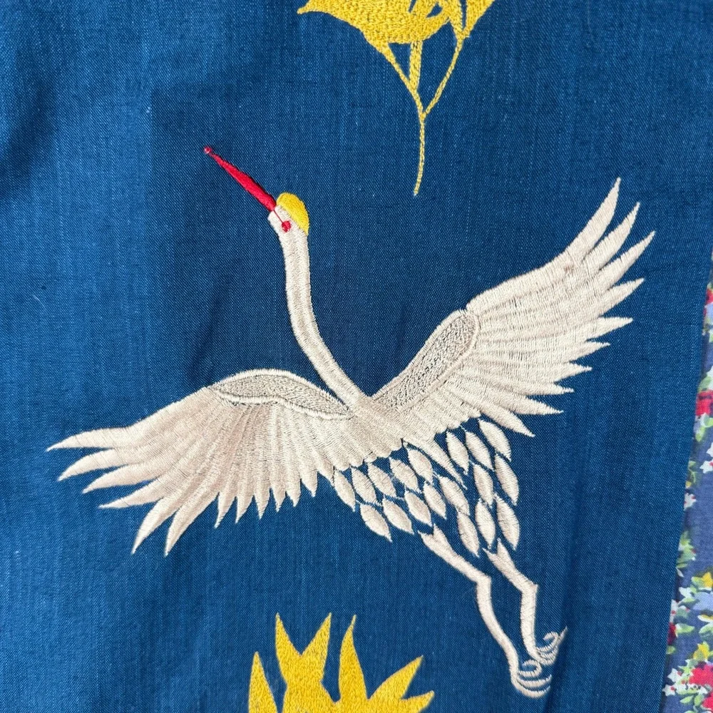 Vintage Blue Embroidered Crane Longline Vest Floral Lined Boho Asian Art