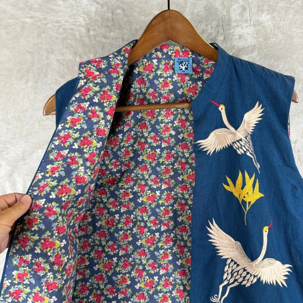 Vintage Blue Embroidered Crane Longline Vest Floral Lined Boho Asian Art