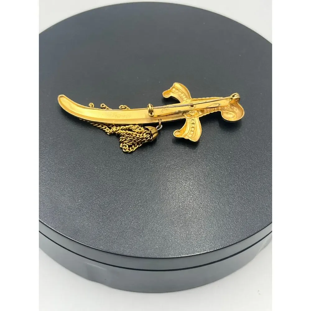 Coro Vintage Signed Gold‎ Tone Sword Dagger Brooch With Tassels and Green Stone
