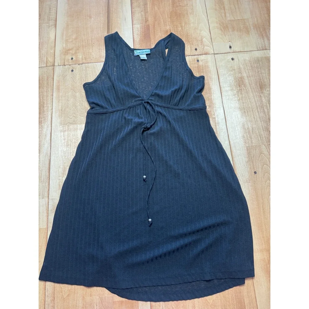 Portocruz Womens Black Ribbed‎ V-Neck Tie Front Sleeveless Coverup Dress Medium