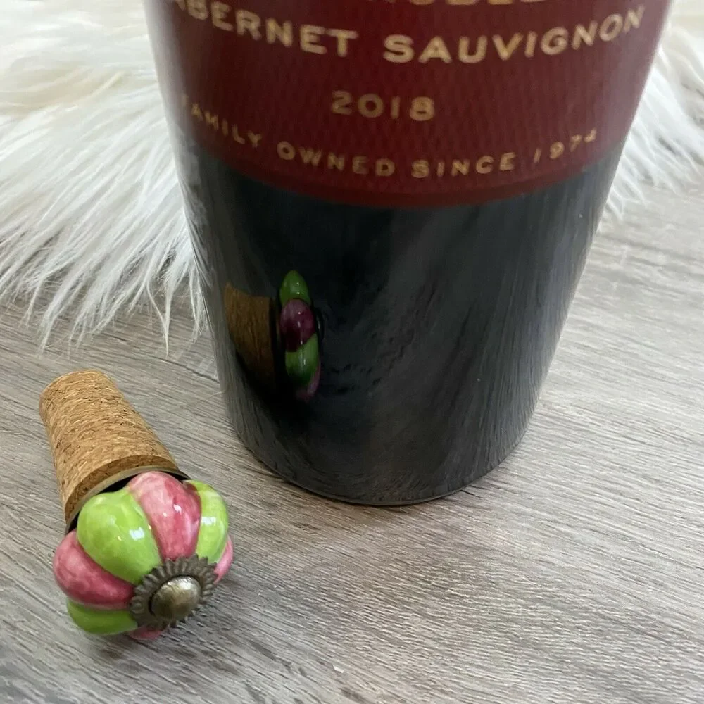 Wine Cork Stopper Decorative Flower Shiny Colored Painted Green Pink Ceramic