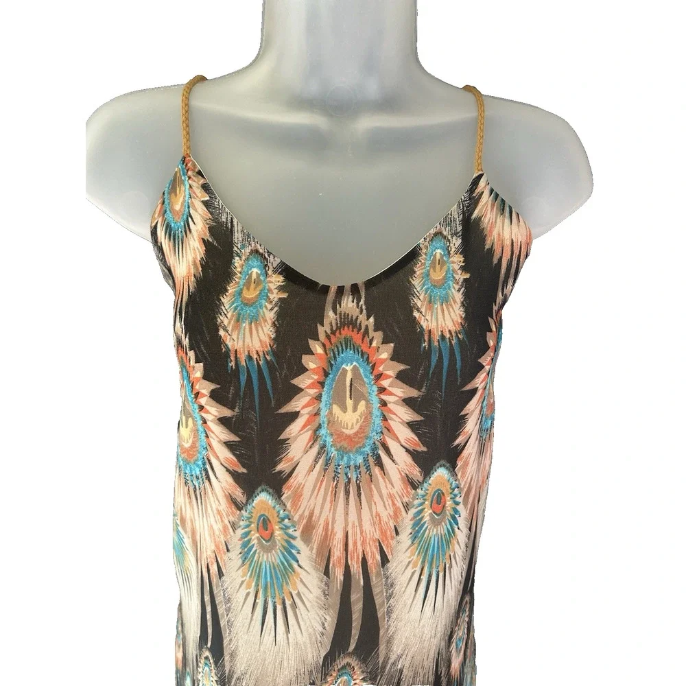 Dry Lake Naomi Long Dress Size Small Peacock Feather Print Maxi Resortwear Brown