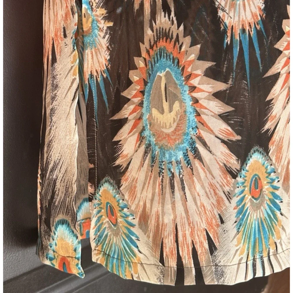 Dry Lake Naomi Long Dress Size Small Peacock Feather Print Maxi Resortwear Brown