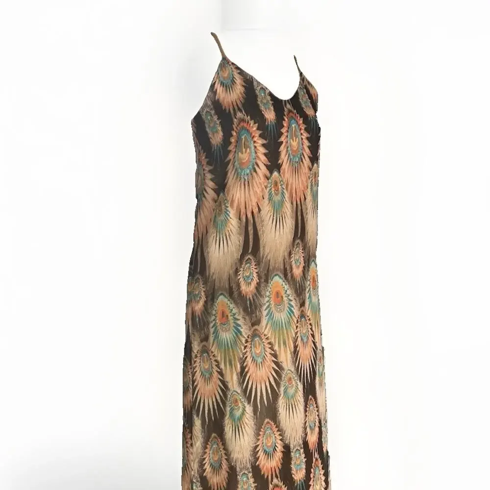 Dry Lake Naomi Long Dress Size Small Peacock Feather Print Maxi Resortwear Brown