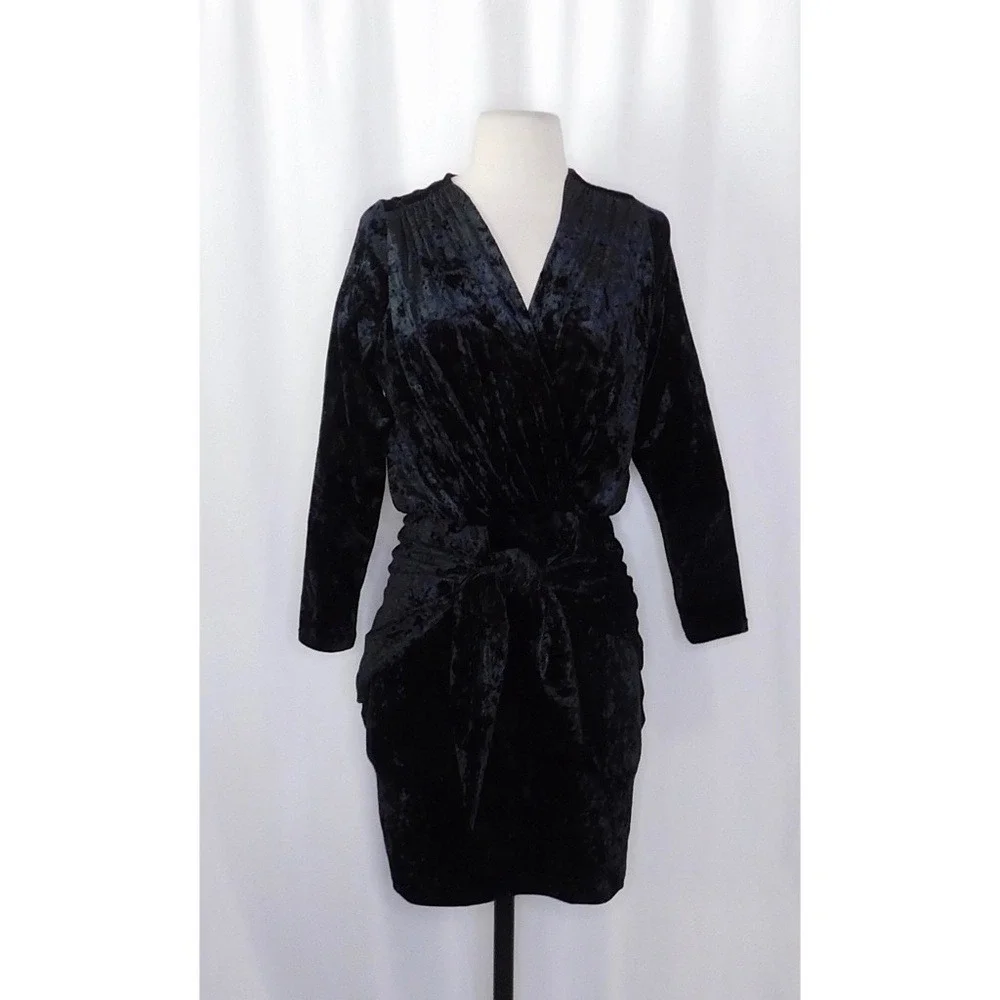 MISA Los Angeles Ophelie Black Crushed Velvet Tie Front Mini Dress Stretch Small