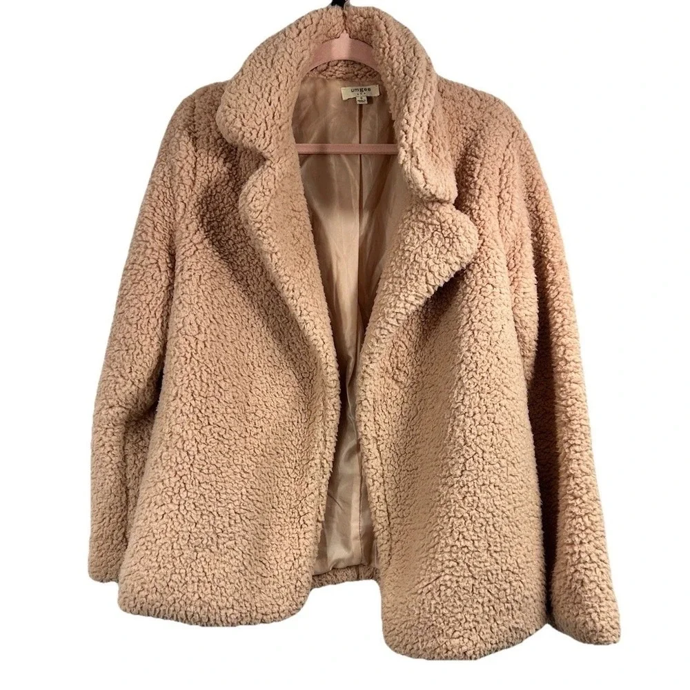 UMGEE Oversized Sherpa Teddy Jacket Size S Open Front Blush Pink Cozy Boho‎ Soft
