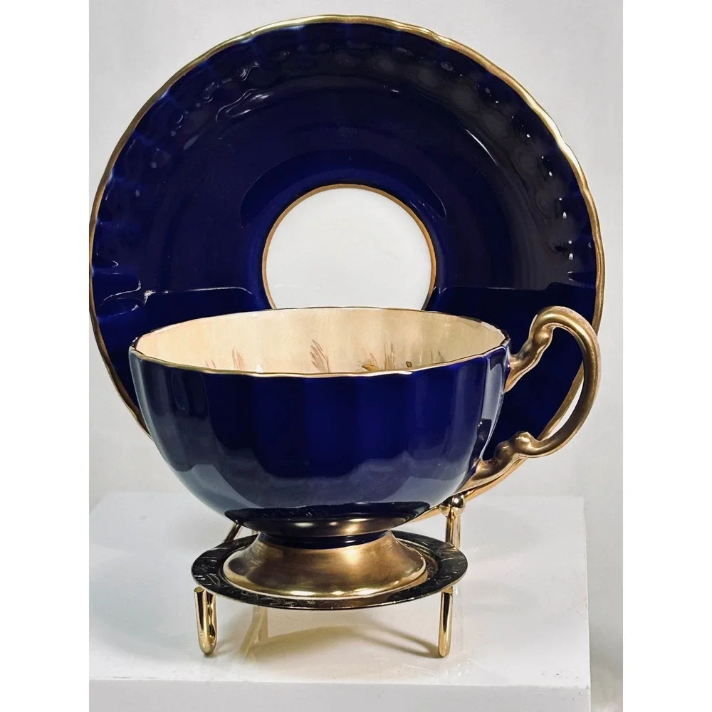 Aynsley Orchard Fruit Teacup Saucer Cobalt Blue Gold D‎ Jones Signed Bone China
