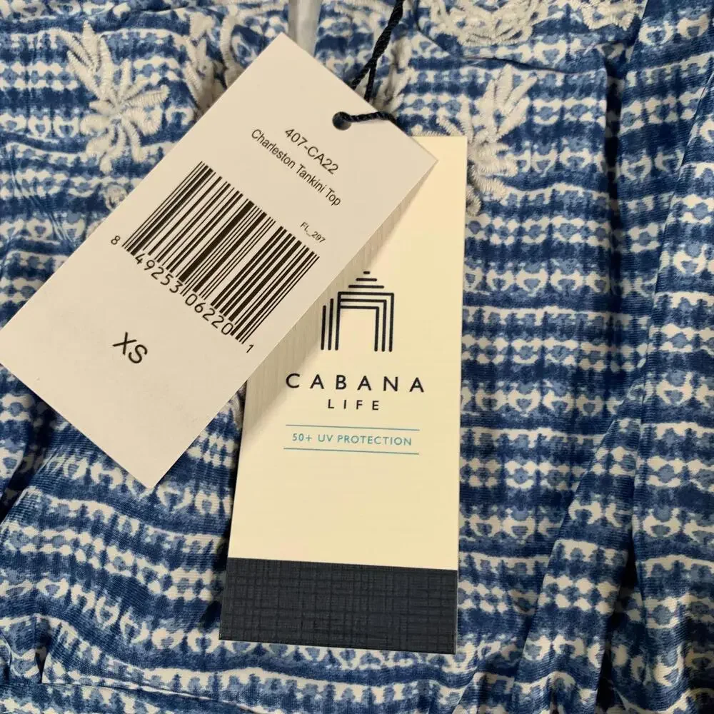 Cabana Life Charleston Tankini Top Womens XS‎ Blue White Embroidered Swim 50+ UV