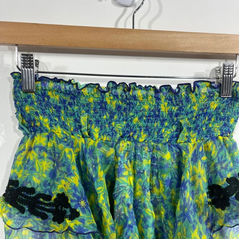 Poupette St Barth Silk Blend Floral Tiered Smocked Mini Skirt Size 0 Lettuce Hem