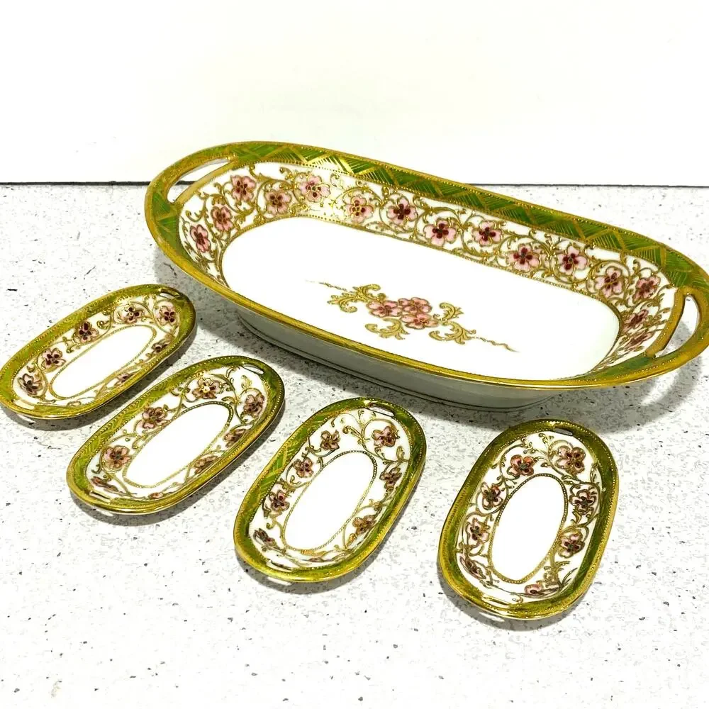 Vintage Hand Painted Nippon Porcelain Relish Tidbit Tray & 4 Salt Cellars Set