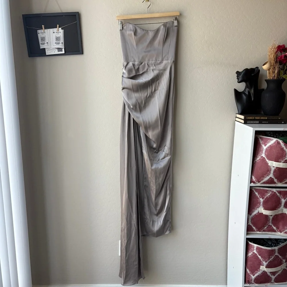 Katie May Dress Bita Strapless Satin Draped‎ Formal Gown Silver Gray Size XS