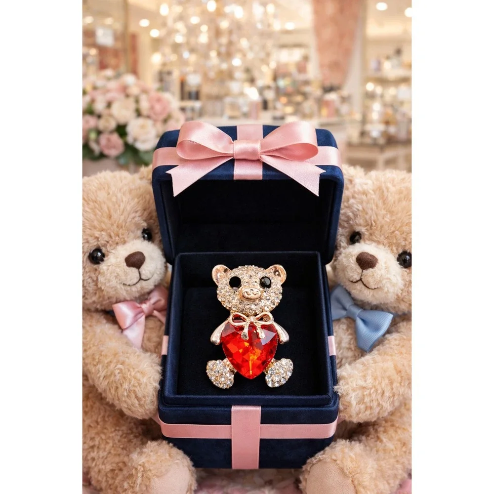 Brooch Rose Gold & Rhinestone Teddy Bear with‎ Red Heart