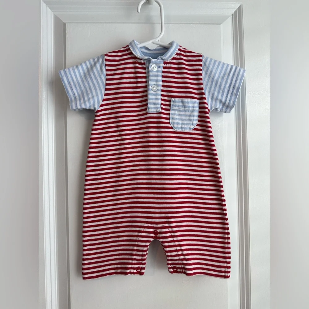 Little English Peter Pan Polo Romper Red and Blue Stripes Size 6 Months