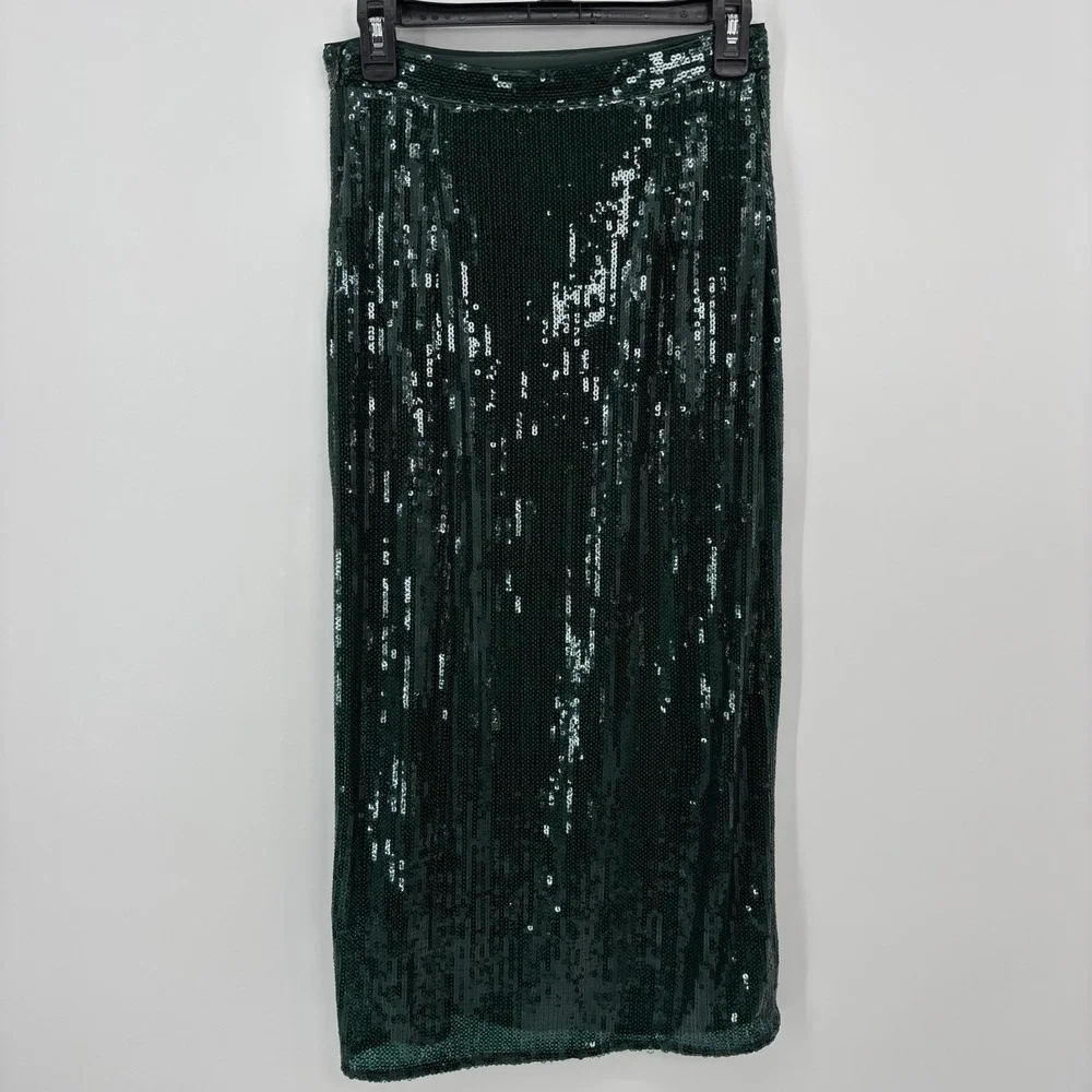 H&M Emerald Green Sequin High Waist Side Slit Midi Skirt Party Holiday Size 6