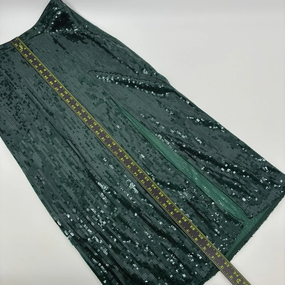 H&M Emerald Green Sequin High Waist Side Slit Midi Skirt Party Holiday Size 6