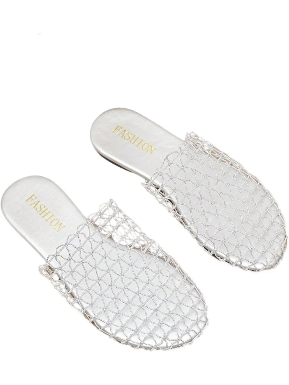 Women's Silver Summer Fishnet Mesh Through Hollow Out Slip On Slides Flat Sandal